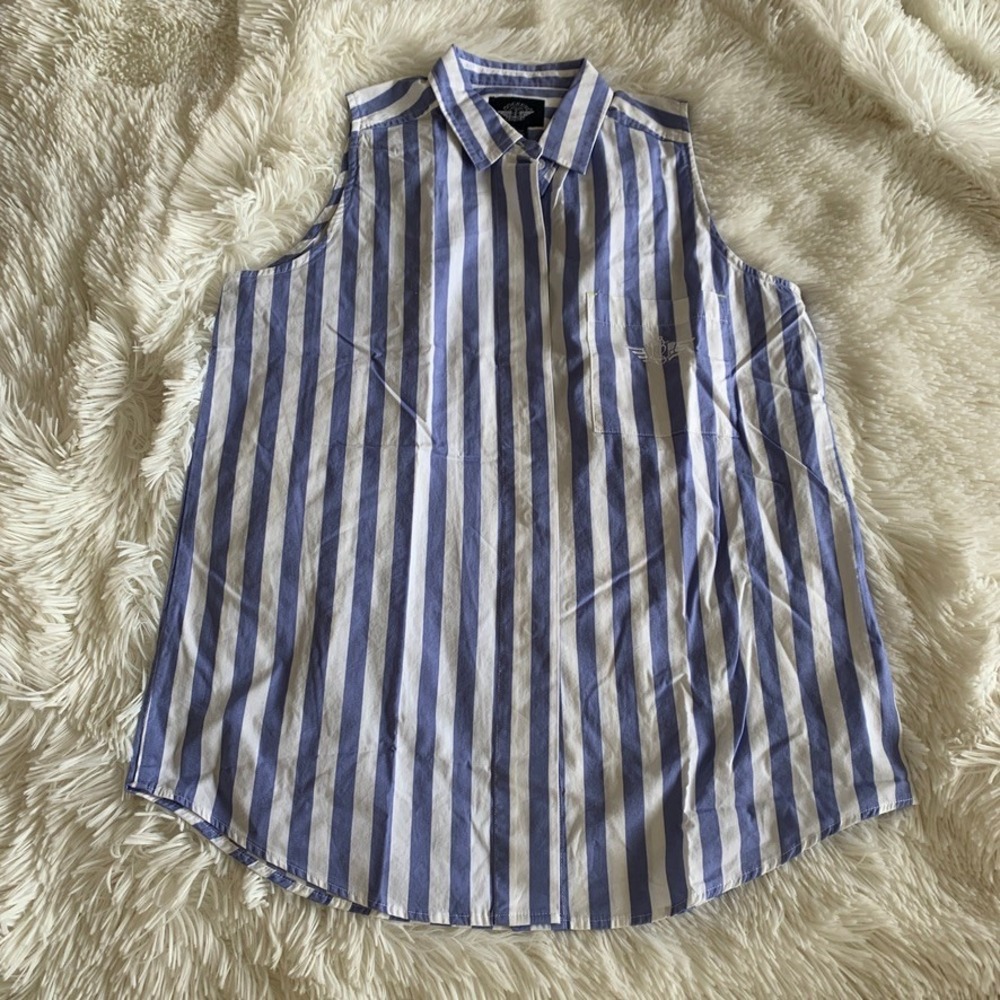 Dockers Womens Small Blue White Striped Sleeveless Button Down Cotton Shirt